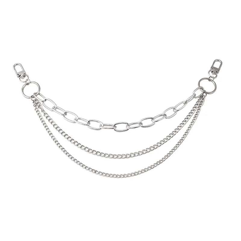 A multi-layer silver chain strap with decorative pendants for bags.