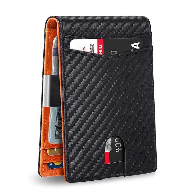 A black textured leather card wallet for men displaying a slim card slot.