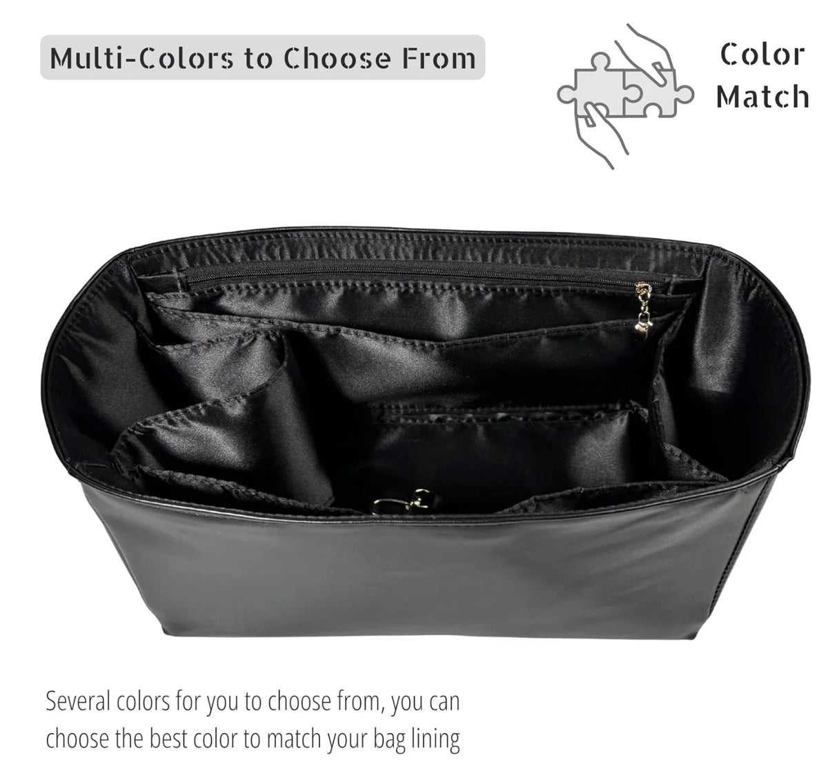 Black luxury bag organizer insert with silk lining showing multiple color options for matching