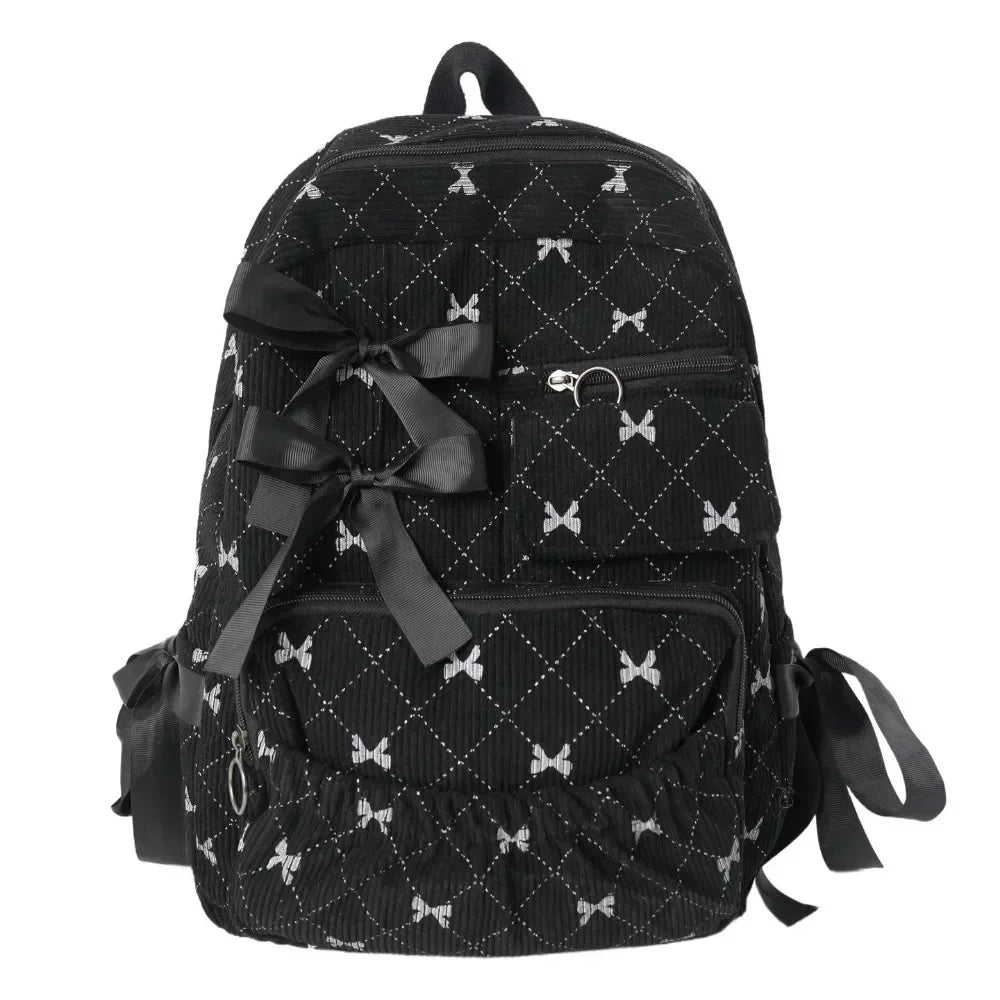 Black corduroy bow print backpack for women