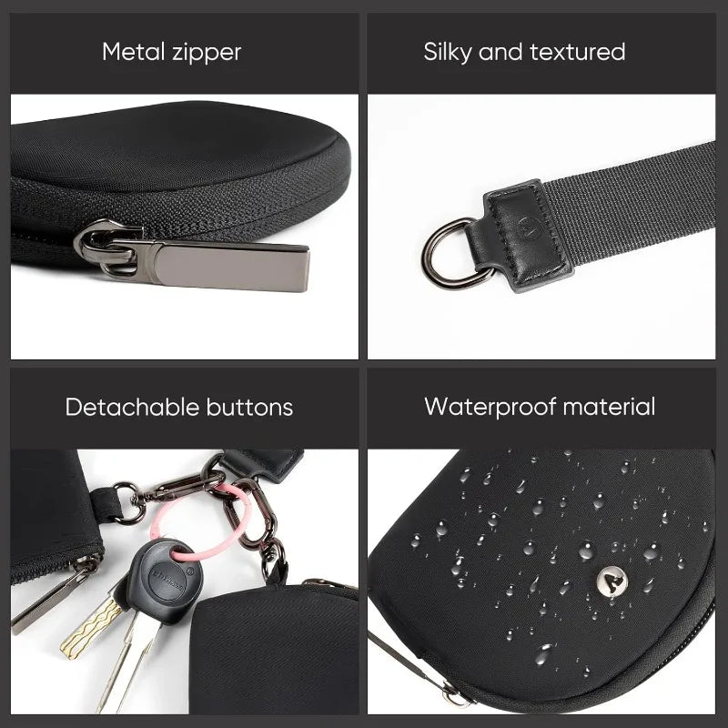 A black dual zip keychain wallet wristlet showing metal zipper, silky texture, detachable buttons, and waterproof material.