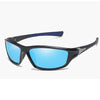 Gafas deportivas polarizadas negras con lentes azules y una correa azul ajustable