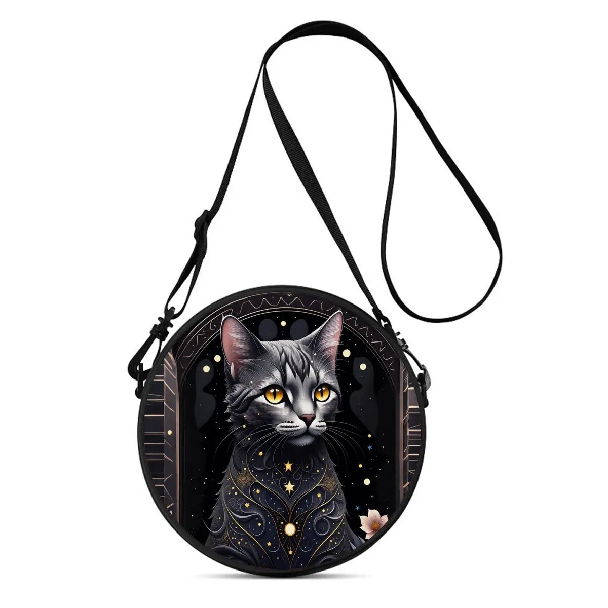 A black cartoon cat round crossbody bag with gold accents and a black strap.