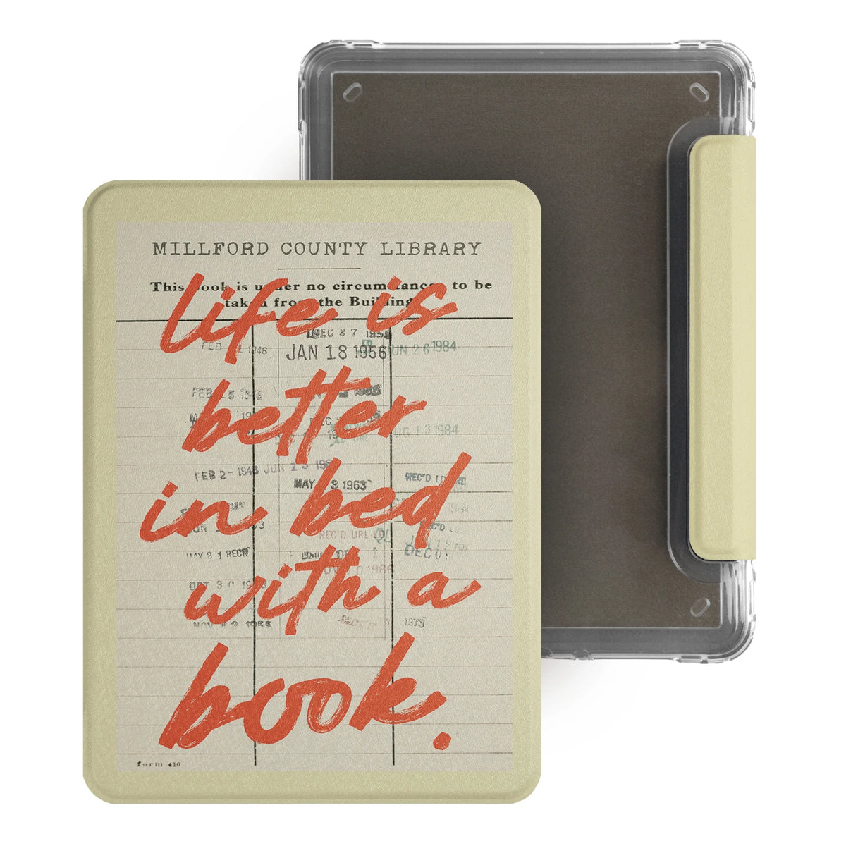 A vintage library card with handwritten text on a light beige background is shown next to its magnetic detachable cover.