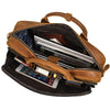 A brown vintage genuine leather briefcase with a zipper and padded interior holding various documents and a tablet.