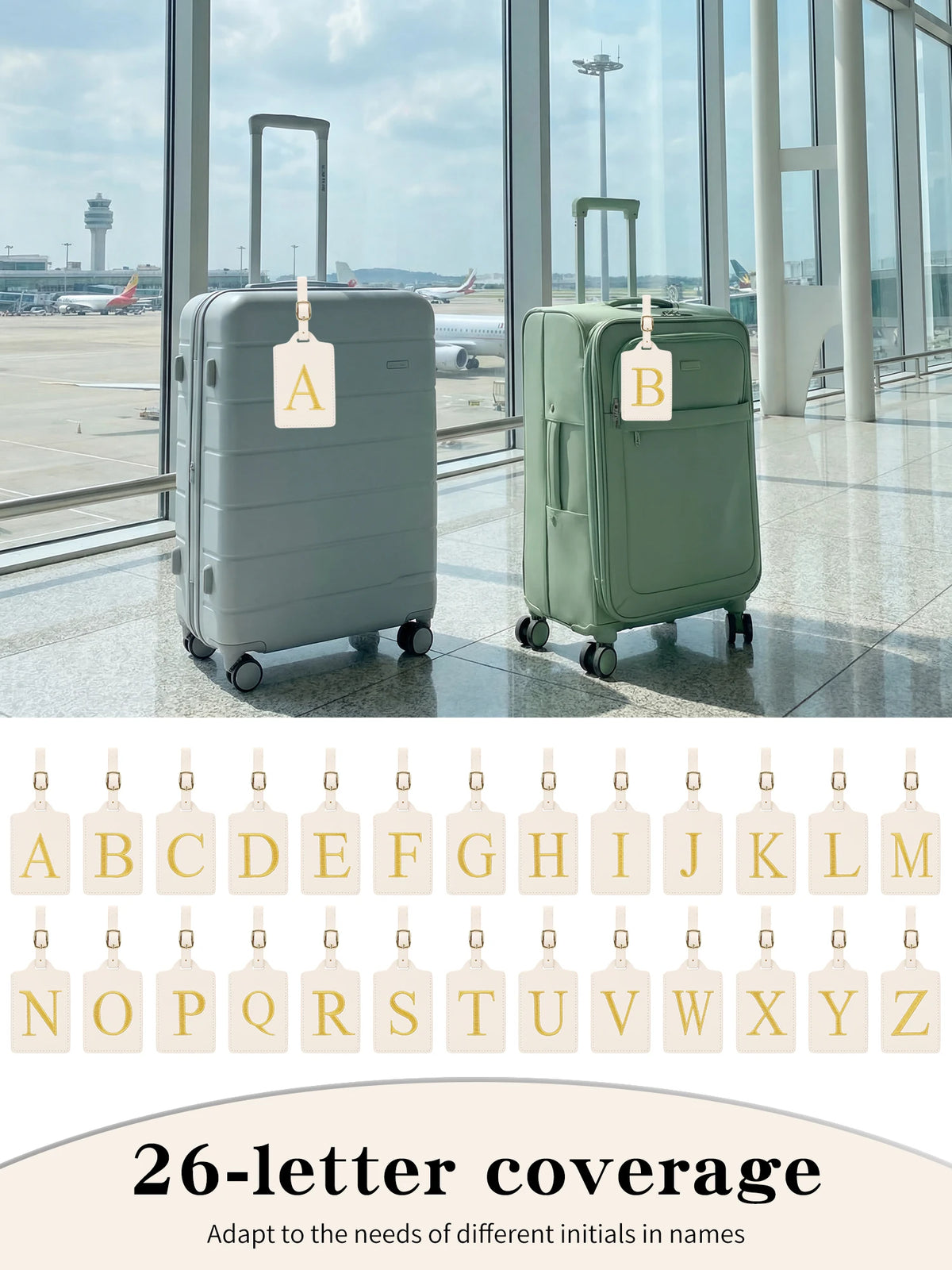 Un ensemble de 26 étiquettes de bagages personnalisées aux couleurs et combinaisons de lettres pour les noms.