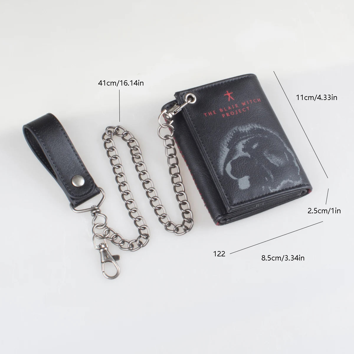 Schwarzes Leder-Multi-fold-Ketten-Kartenträger-Wallet mit silberner Kette und eingeprägtem Logo