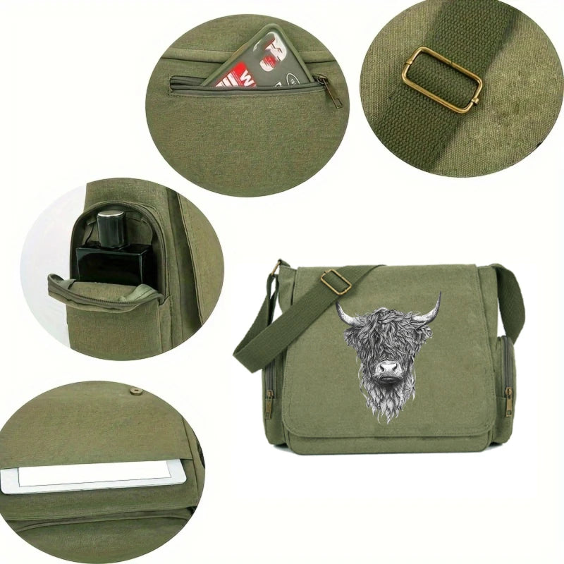 Sac bandoulière vintage à motif vache olive pour ordinateur portable et usage quotidien