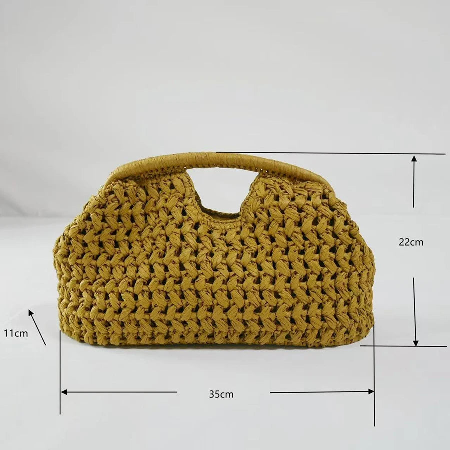 Pochette naturelle en fibre, jaune moutarde, à texture tissée, vue de dessus.