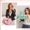 A woman holds a clear makeup bag with chenille letter design and waterproof features.