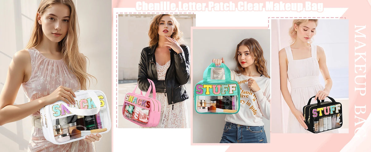 A woman holds a clear makeup bag with chenille letter design and waterproof features.