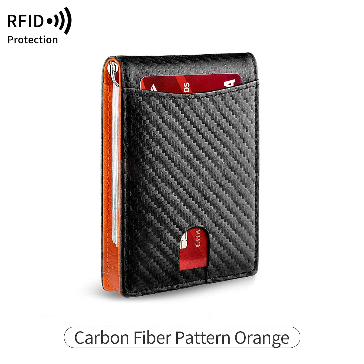 A black carbon fiber patterned wallet with an orange accent, showing the RFID protection feature.