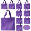 A set of purple non-woven tote bags with handles shown in various sizes and angles.