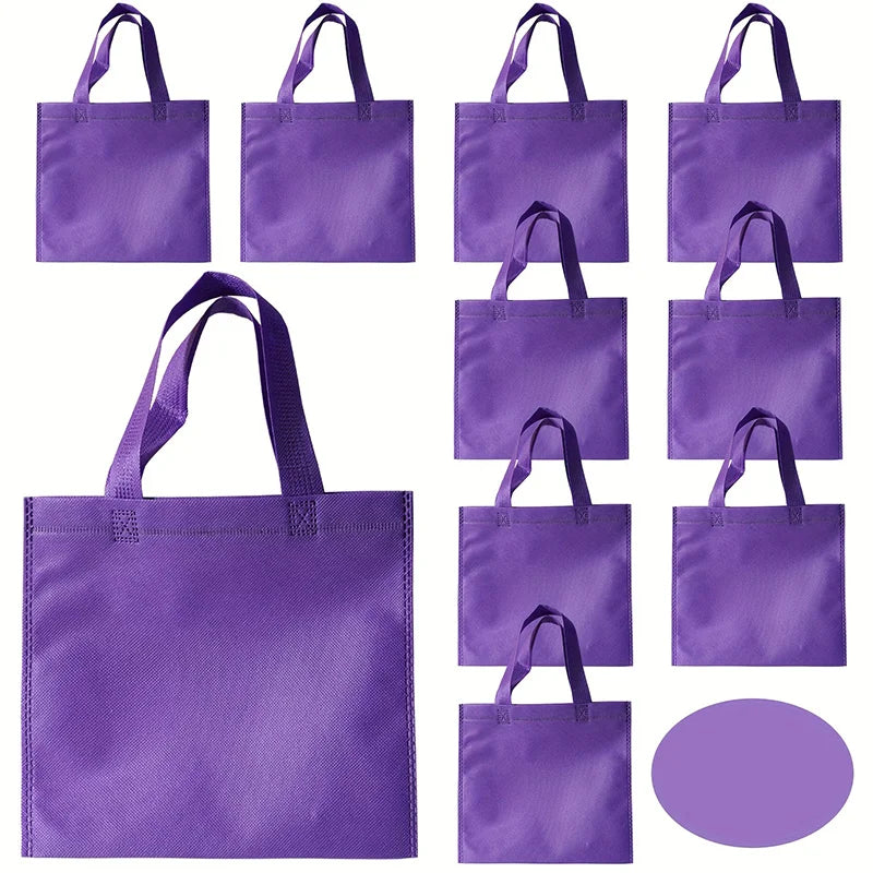 A set of purple non-woven tote bags with handles shown in various sizes and angles.