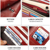 Close-up views of a genuine leather clutch wallet showing the button, large capacity, and card holder features.