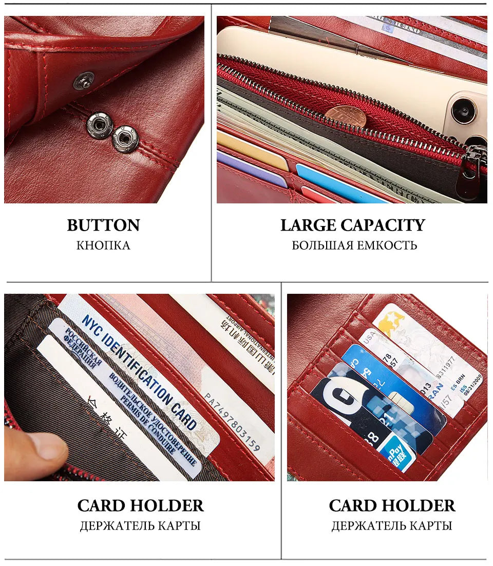 Close-up views of a genuine leather clutch wallet showing the button, large capacity, and card holder features.