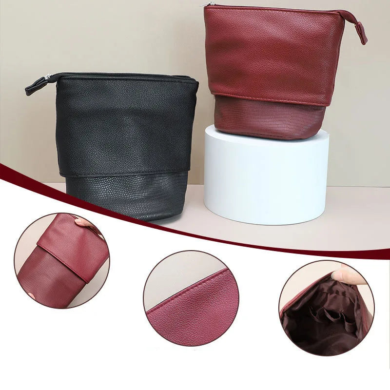A set of makeup brush storage cases in maroon and black stretchable PU leather, shown with a larger case and three smaller ve