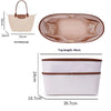 A beige tote bag organizer insert with a laptop sleeve shown in various dimensions and an open view of the interior.