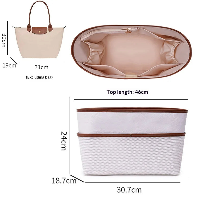 A beige tote bag organizer insert with a laptop sleeve shown in various dimensions and an open view of the interior.