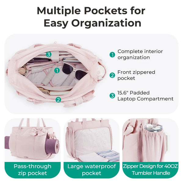 Pink tote bag showing multiple interior and exterior pockets including a front zippered pocket and a padded laptop compartmen