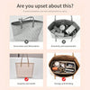 Comparison showing a travel cosmetic bag versus a felt tote bag organizer insert with multi-pocket divider.