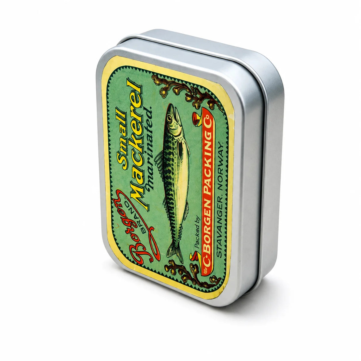 A silver metal box with a green label featuring an illustration of a fish and text related to salted mackerel.