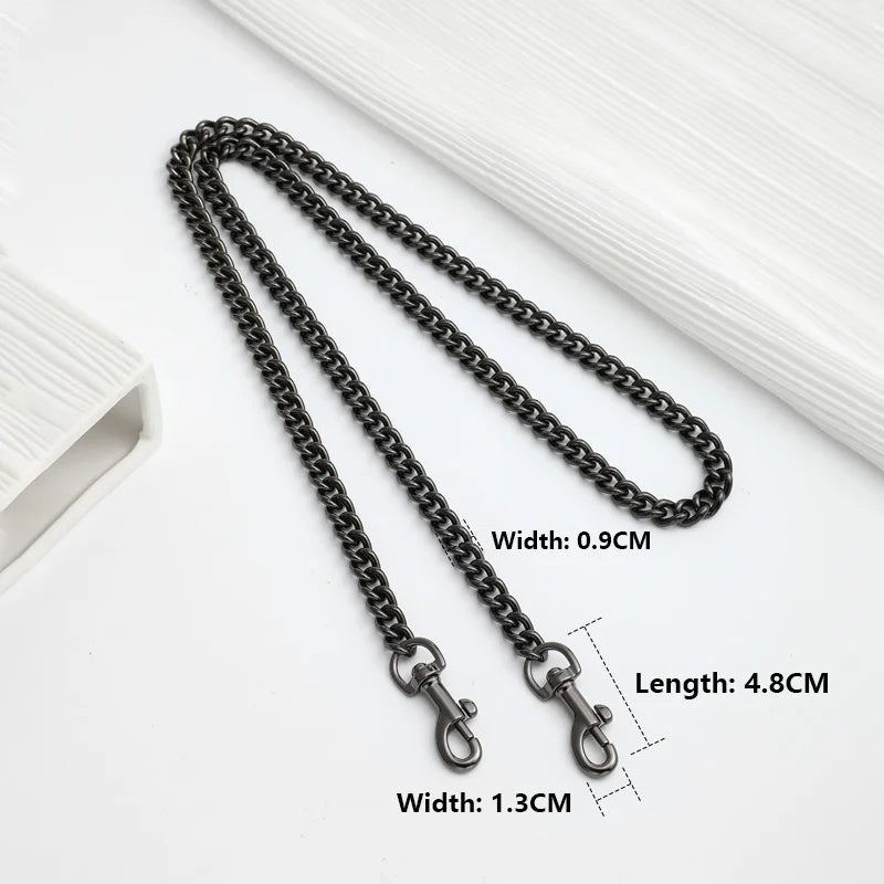 A black metal chain strap with a 0.9cm width and 4.8cm length is shown against a white background.