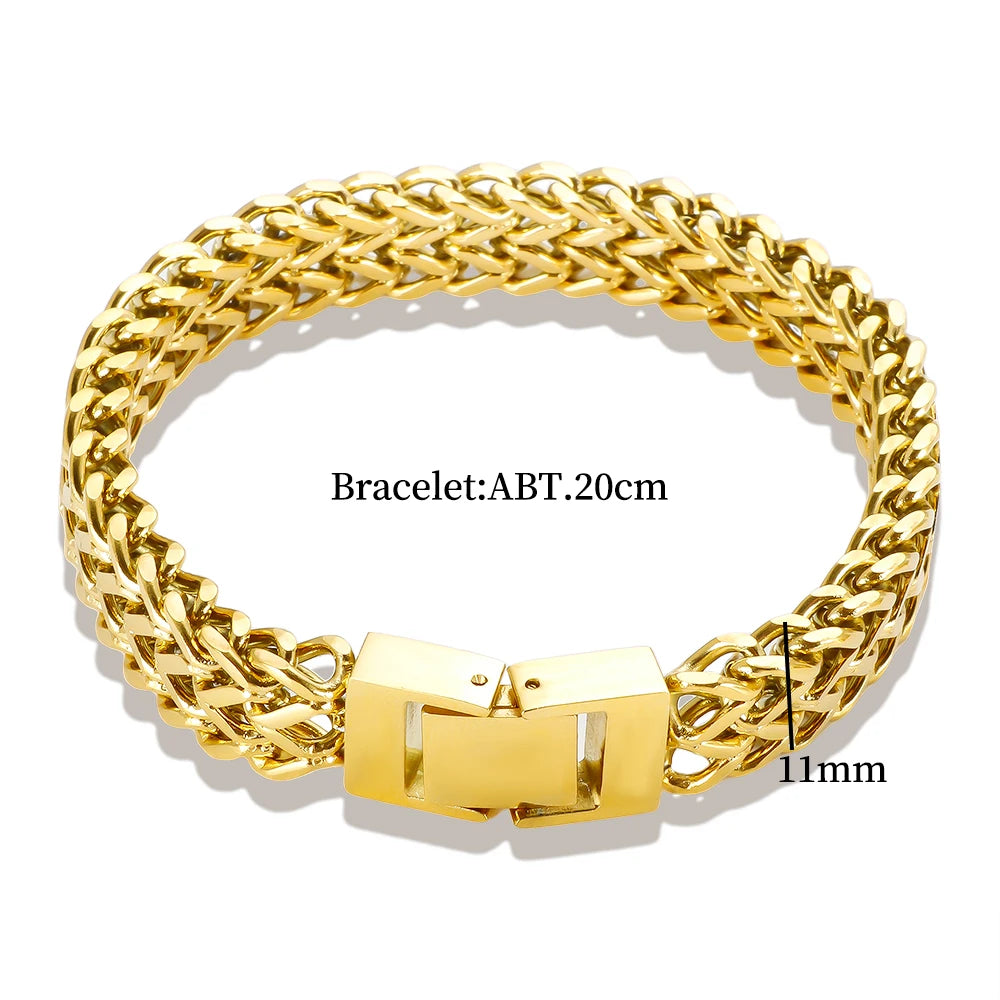 A close-up view of a chunky gold link chain bracelet with a hinged clasp and a 11mm width.