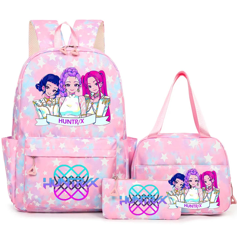 Pink backpack set featuring characters from Hunter x/Y and stars