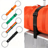 Correa de equipaje ajustable en naranja, verde, arcoíris y negro mostrada con una maleta.