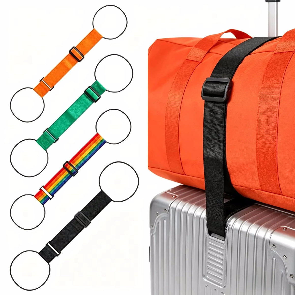 Correa de equipaje ajustable en naranja, verde, arcoíris y negro mostrada con una maleta.