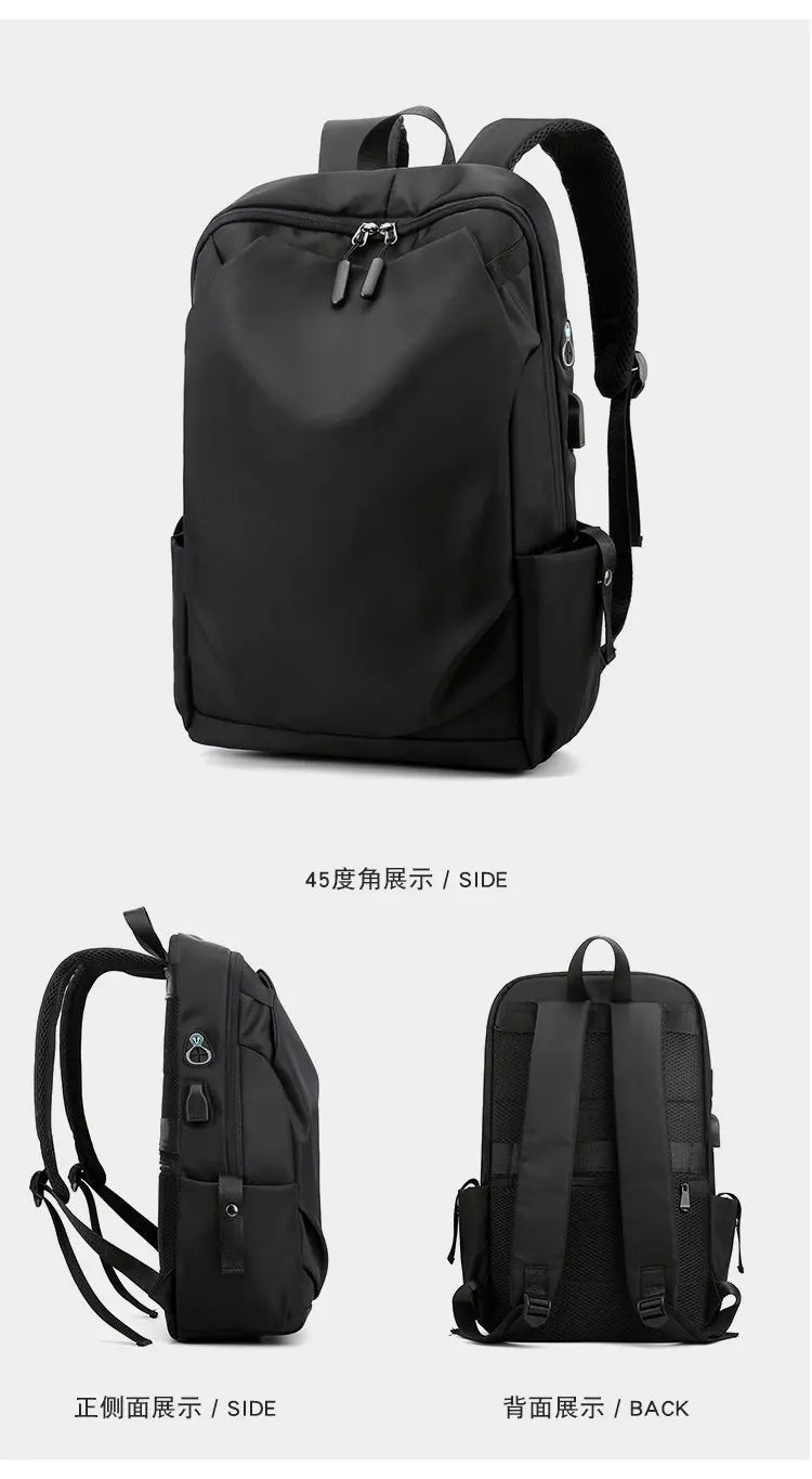 Schwarzer Anime-Stil multifunktionaler Rucksack, frontal und rückseitig dargestellt