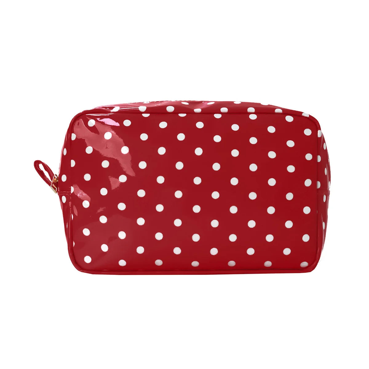 A red cosmetic storage bag with white polka dots, shown from the front.
