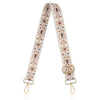A beige and brown patterned nylon crossbody bag strap with gold-toned hardware.
