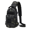 A black camouflage tactical chest bag with a padded shoulder strap is shown against a white background.