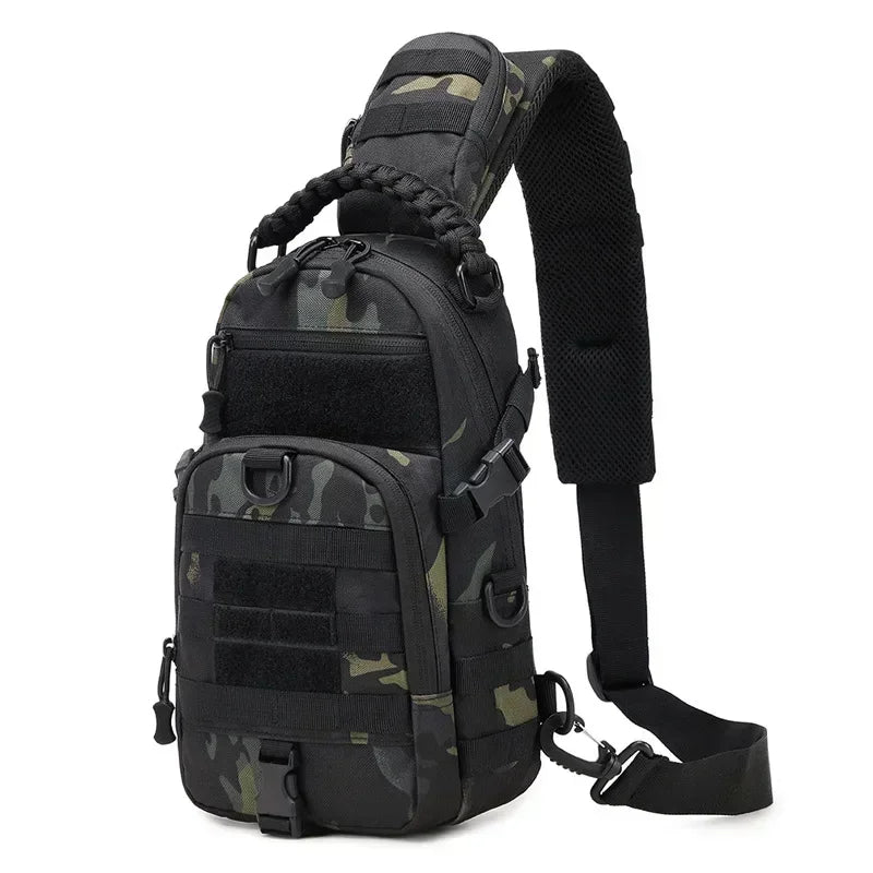 A black camouflage tactical chest bag with a padded shoulder strap is shown against a white background.