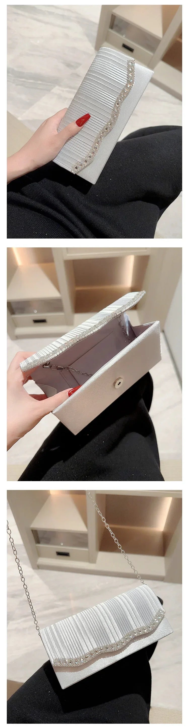 Nahaufnahme einer eleganten silbernen Halskette als Schultertasche mit plissiertem Stoff und silberner Kettendetail.