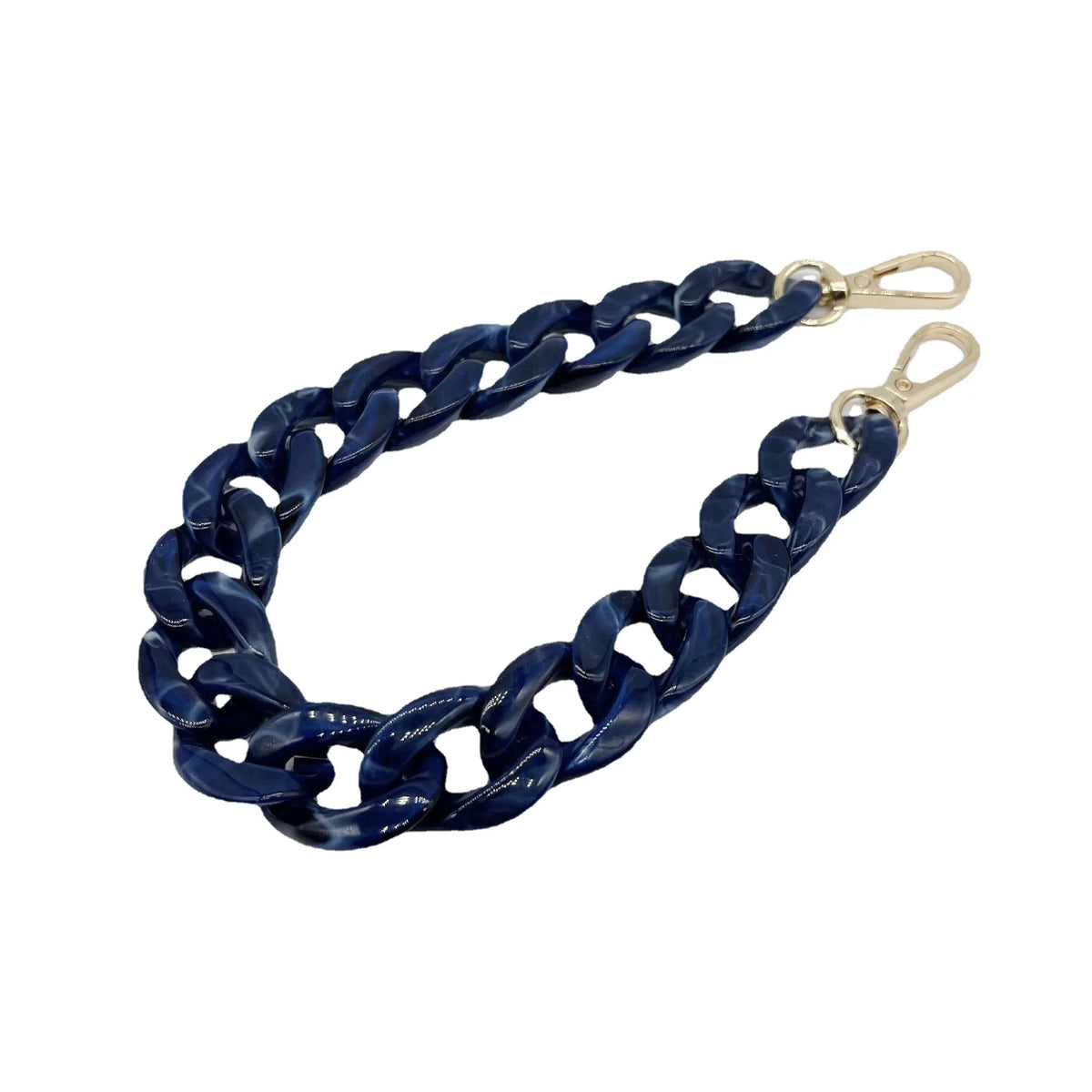 A dark blue acrylic chain bracelet with gold-colored clasps.
