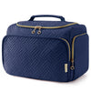 Navy quilted cosmetic organizer bag with a gold zipper and handle