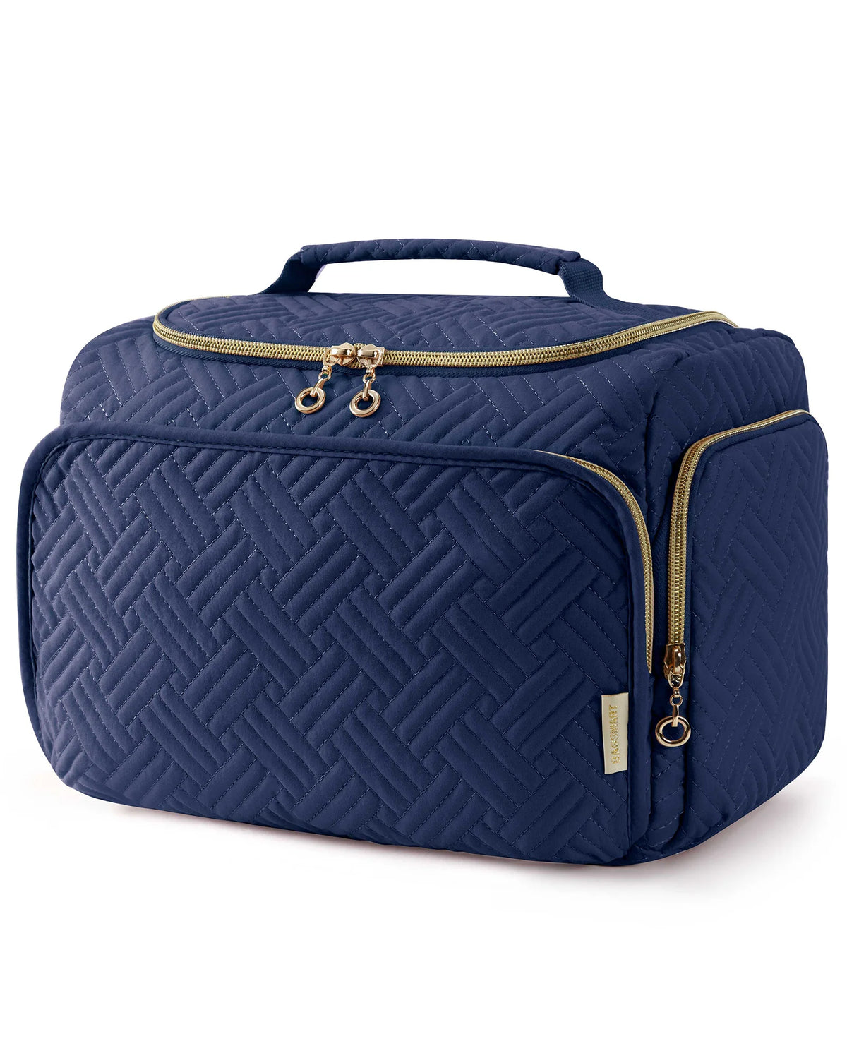 Navy quilted cosmetic organizer bag with a gold zipper and handle