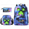 A blue and purple Minecraft themed backpack and a matching wallet.