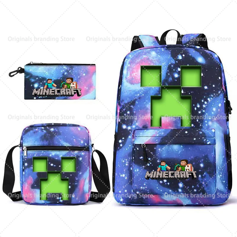 A blue and purple Minecraft themed backpack and a matching wallet.