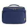 Navy quilted cosmetic organizer bag with a gold-toned zipper and handle