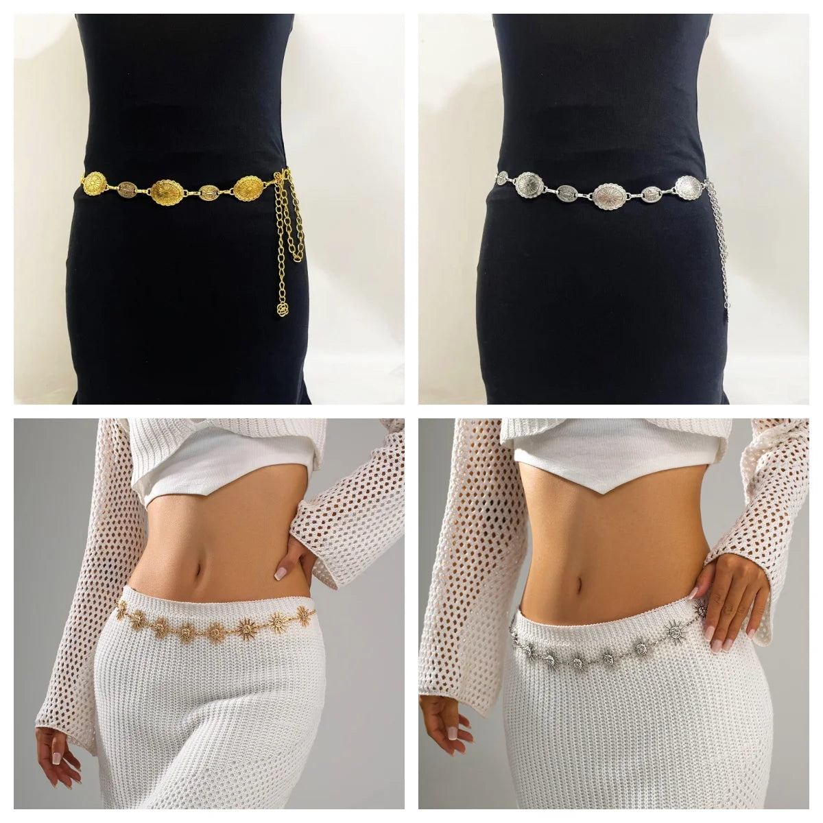 A woman models a vintage gold plated sunflower smiley face waist chain on her torso.