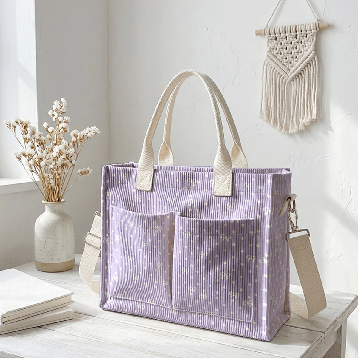 Sac cabas en velours de lavande à pois rose pâle accroché au mur à côté de fleurs séchées.