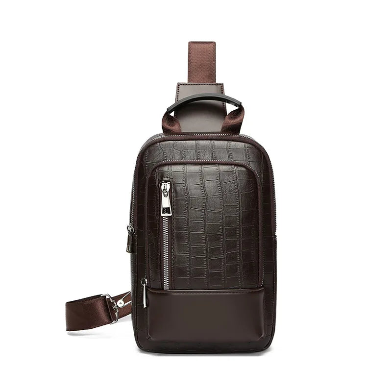 A dark brown men's crossbody bag with a quilted leather texture and a brown strap.