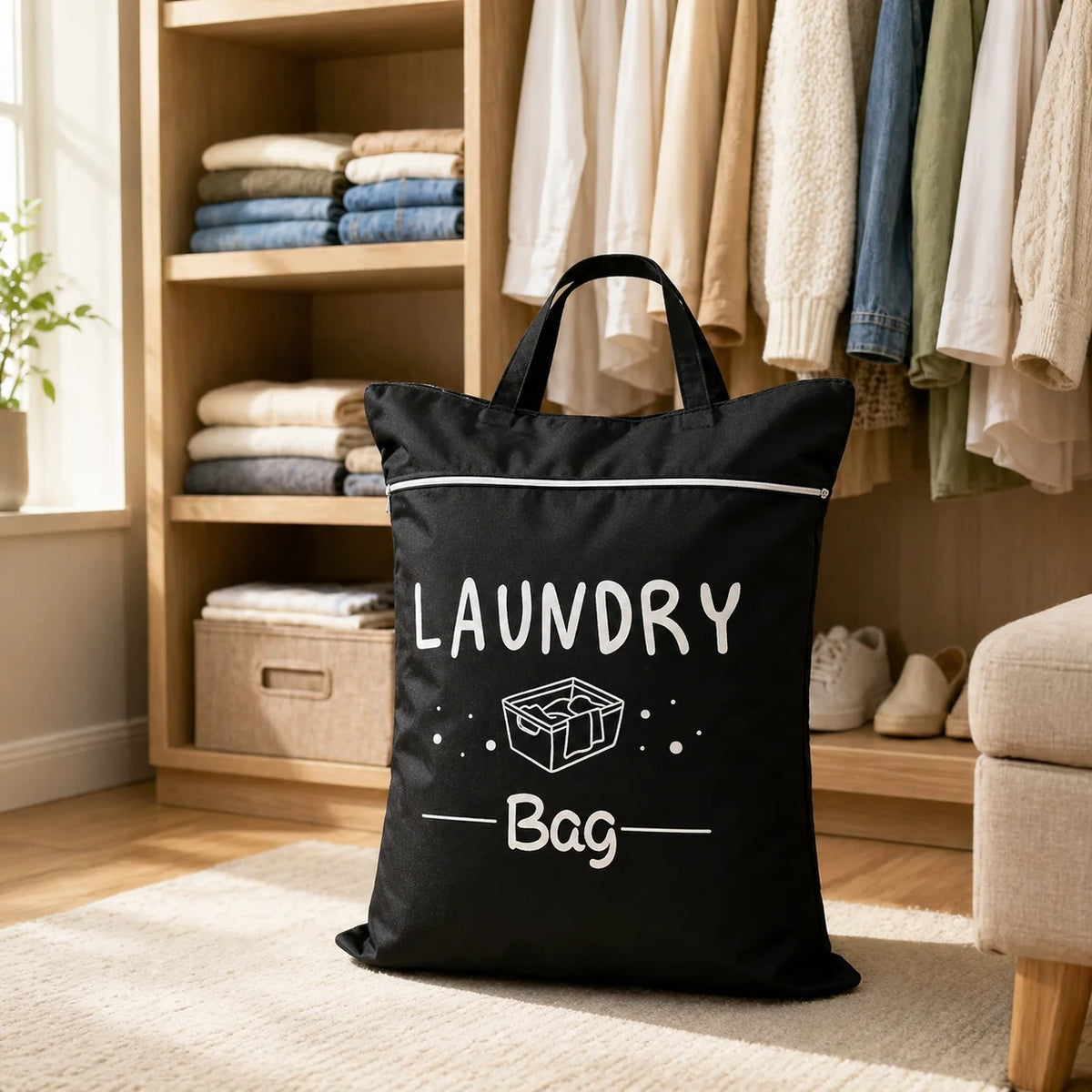 A black laundry bag with a handle is displayed in front of wooden shelving and clothing racks.