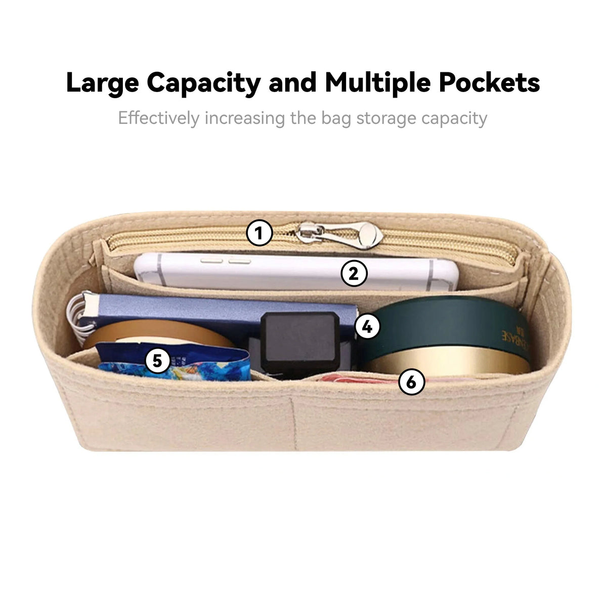 A beige felt organizer pouch with multiple pockets holding various makeup and accessories.