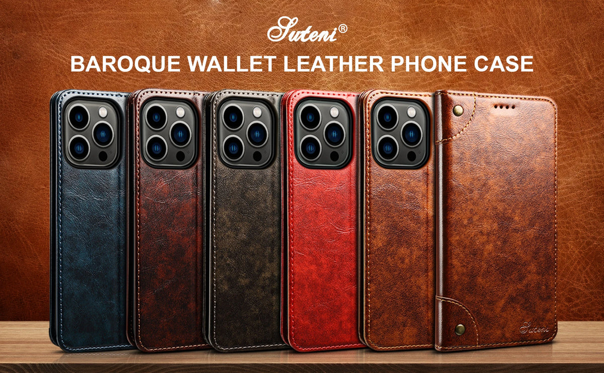 A brown leather phone case with a magnetic closure and card holder, featuring a Baroque design.