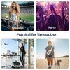 Clear stadium-approved waist pack shown in various contexts including a party, airport, and daily use on a beach.